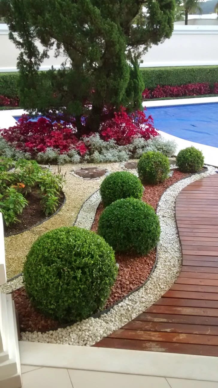 Jardim com buxinhos e seixos